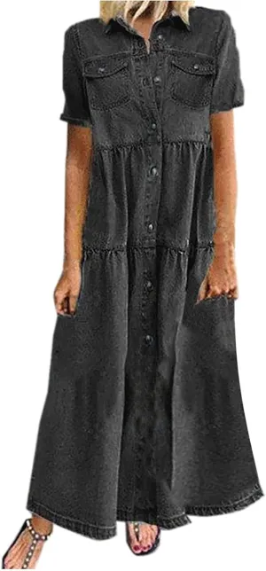 Women's Vintage Short Sleeve Blue Jean Shirt Dress Button Up Denim Dress Summer Jean Shirt Dress Flowy Fall Long Dress