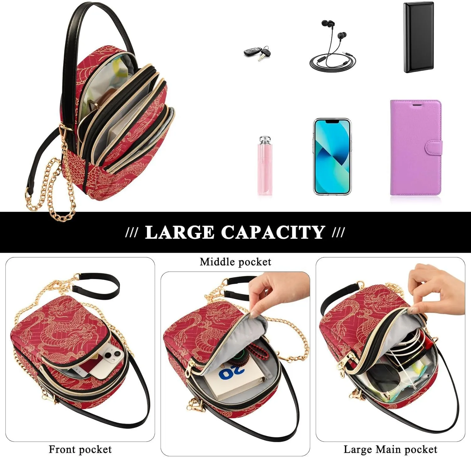 Women's Wave Cross Body Chest Bag, 52 inch Gold Chain Shoulder Handbag Purse
