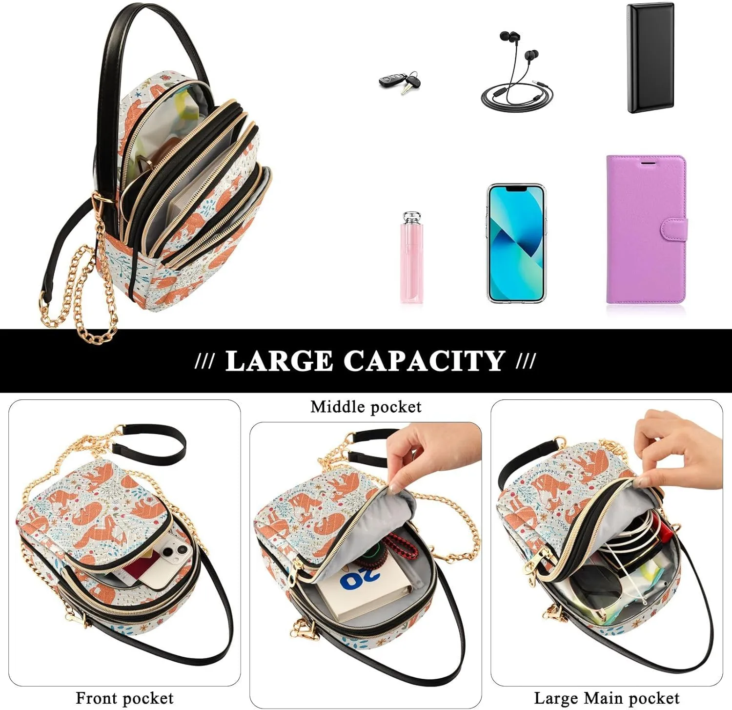 Women's Wave Cross Body Chest Bag, 52 inch Gold Chain Shoulder Handbag Purse