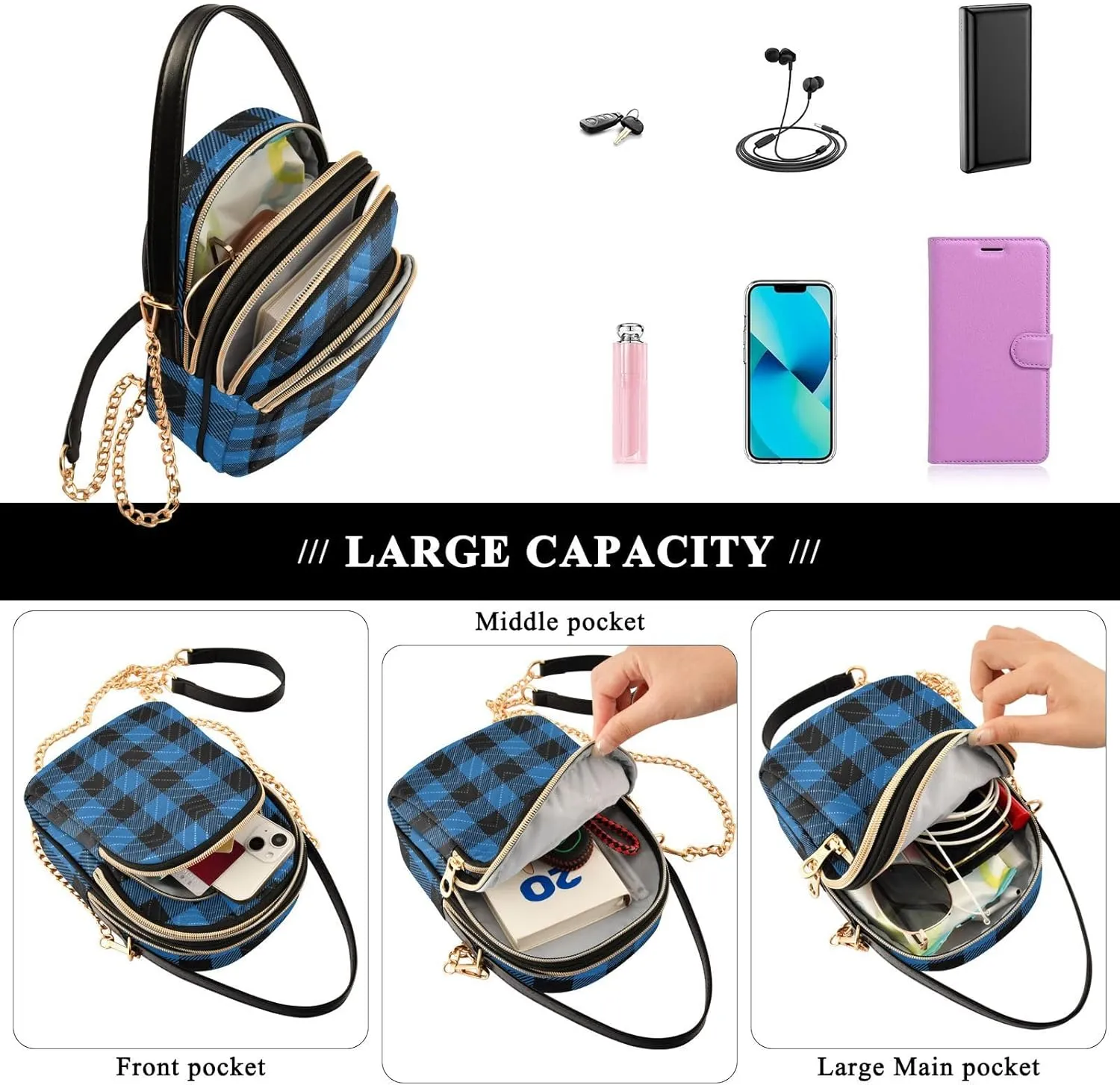 Women's Wave Cross Body Chest Bag, 52 inch Gold Chain Shoulder Handbag Purse