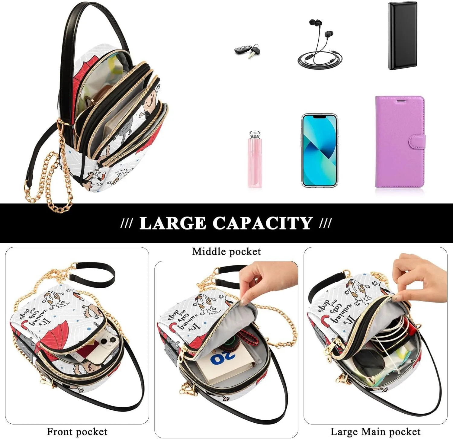 Women's Wave Cross Body Chest Bag, 52 inch Gold Chain Shoulder Handbag Purse