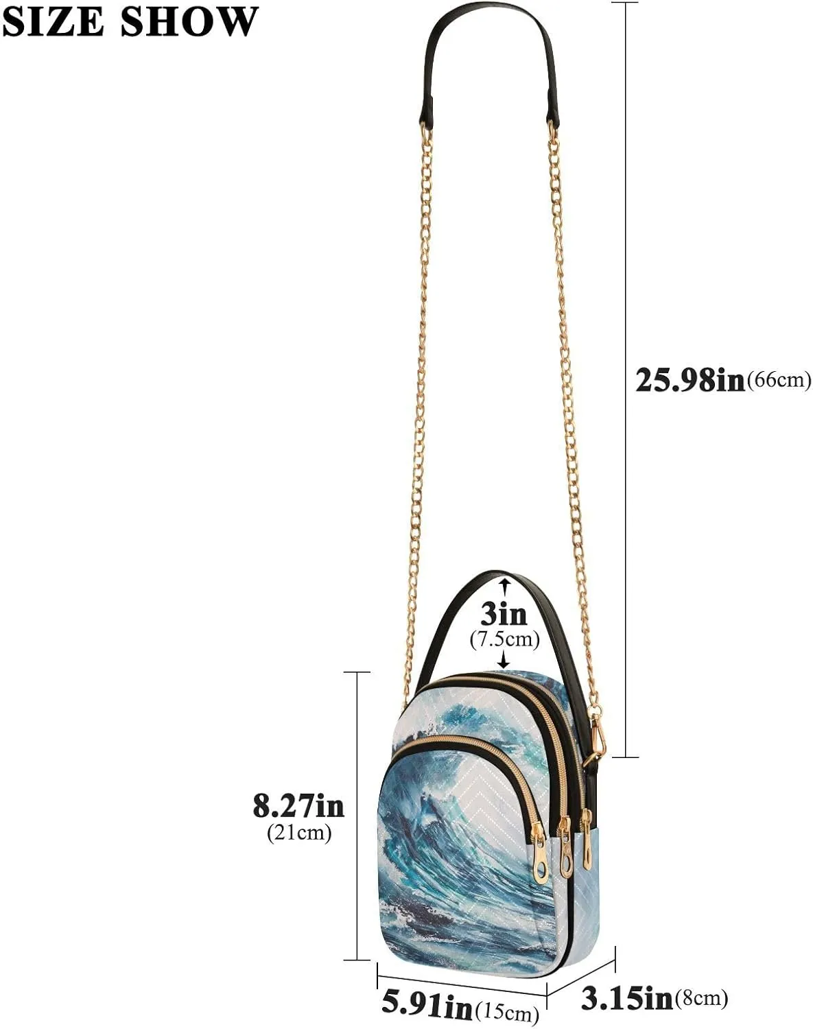 Women's Wave Cross Body Chest Bag, 52 inch Gold Chain Shoulder Handbag Purse