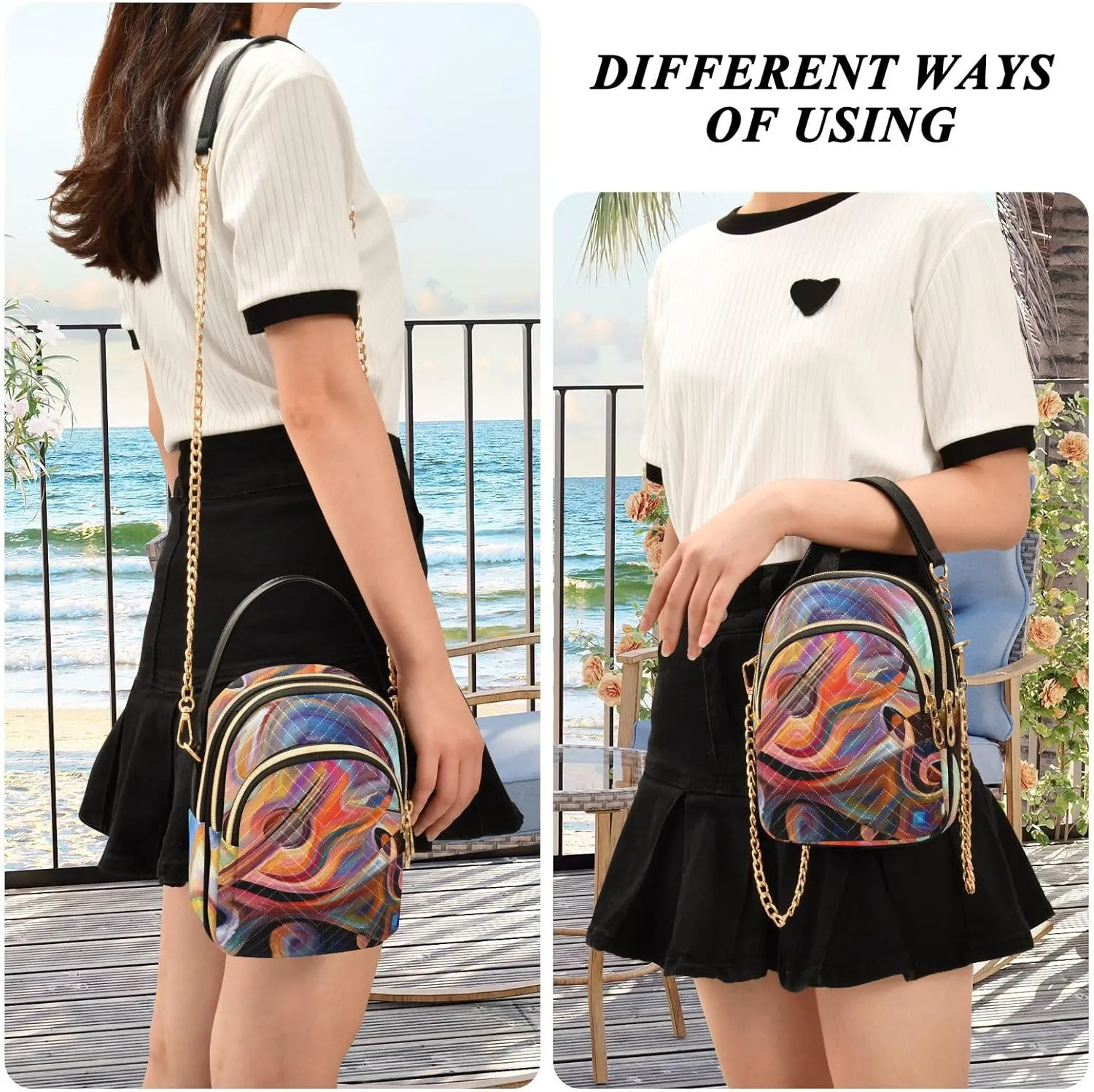 Women's Wave Cross Body Chest Bag, 52 inch Gold Chain Shoulder Handbag Purse