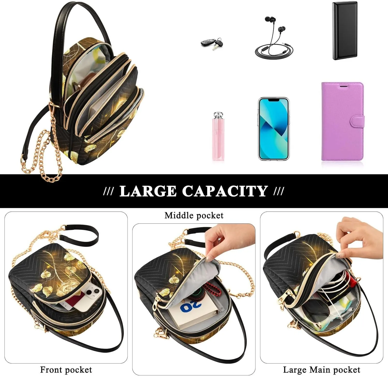 Women's Wave Cross Body Chest Bag, 52 inch Gold Chain Shoulder Handbag Purse