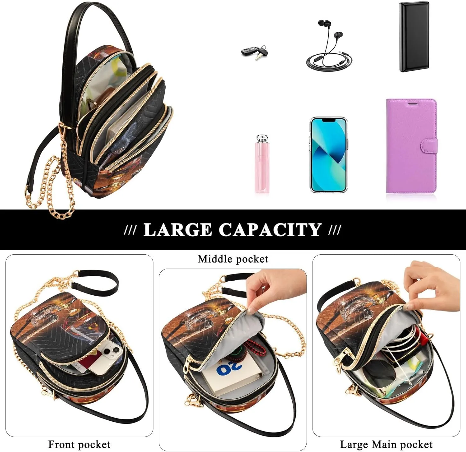 Women's Wave Cross Body Chest Bag, 52 inch Gold Chain Shoulder Handbag Purse