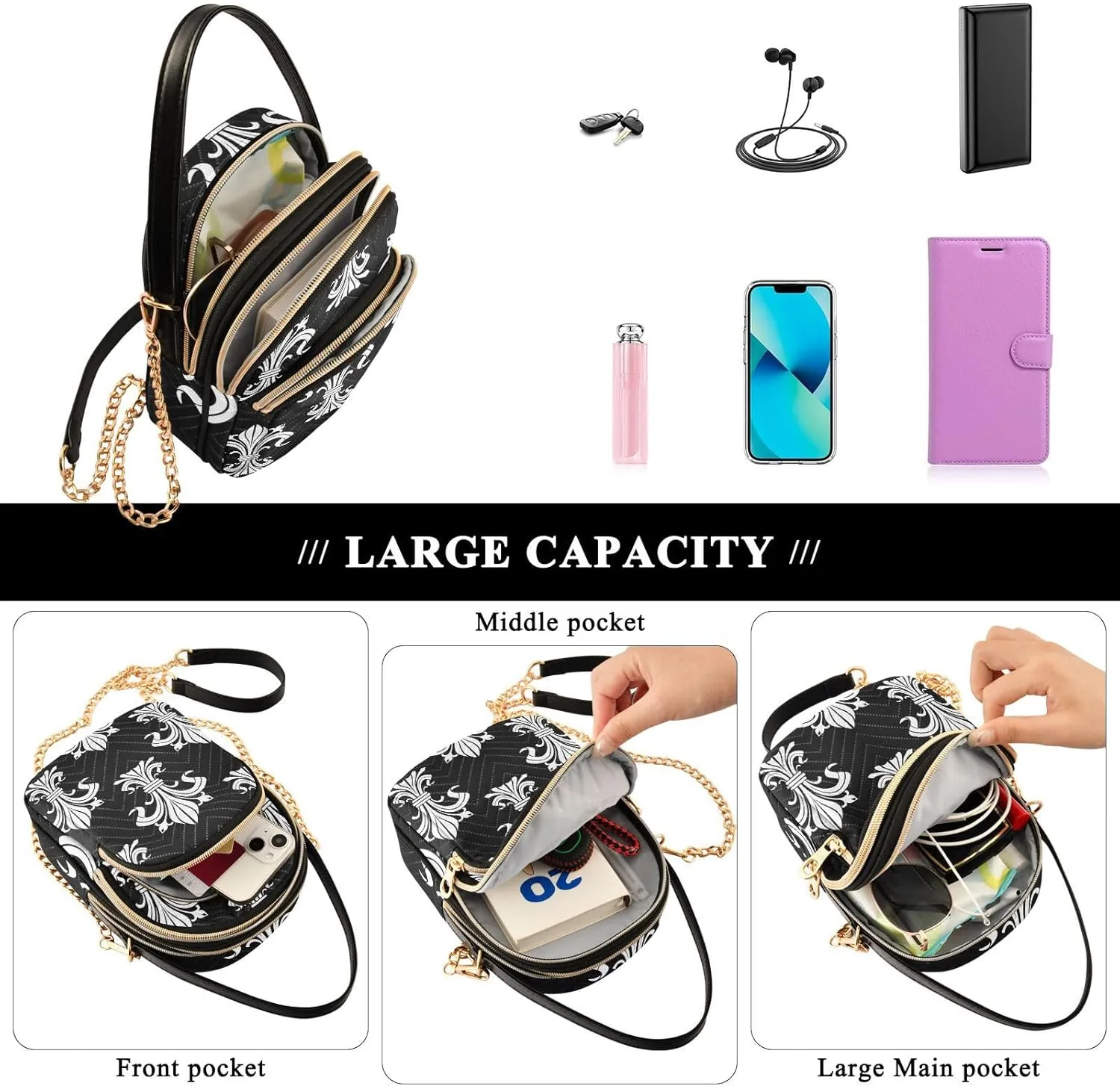 Women's Wave Cross Body Chest Bag, 52 inch Gold Chain Shoulder Handbag Purse