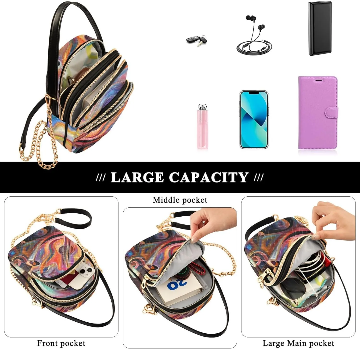 Women's Wave Cross Body Chest Bag, 52 inch Gold Chain Shoulder Handbag Purse