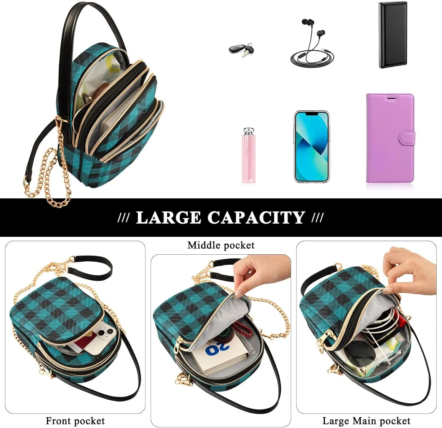 Women's Wave Cross Body Chest Bag, 52 inch Gold Chain Shoulder Handbag Purse