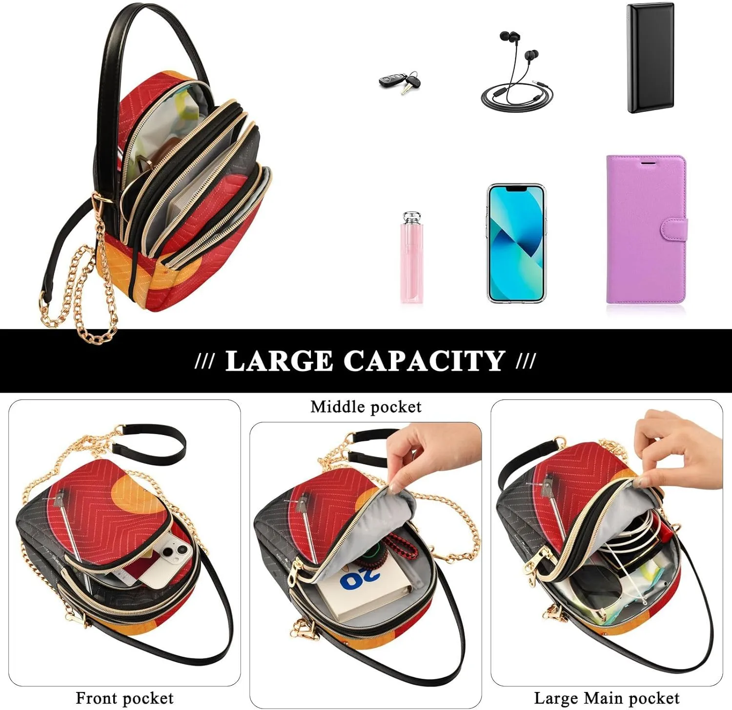 Women's Wave Cross Body Chest Bag, 52 inch Gold Chain Shoulder Handbag Purse