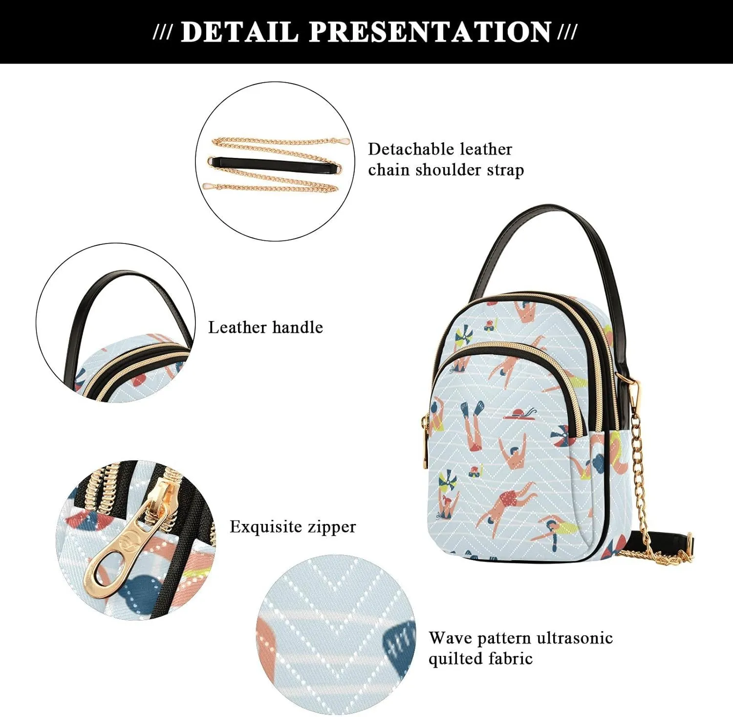 Women's Wave Cross Body Chest Bag, 52 inch Gold Chain Shoulder Handbag Purse