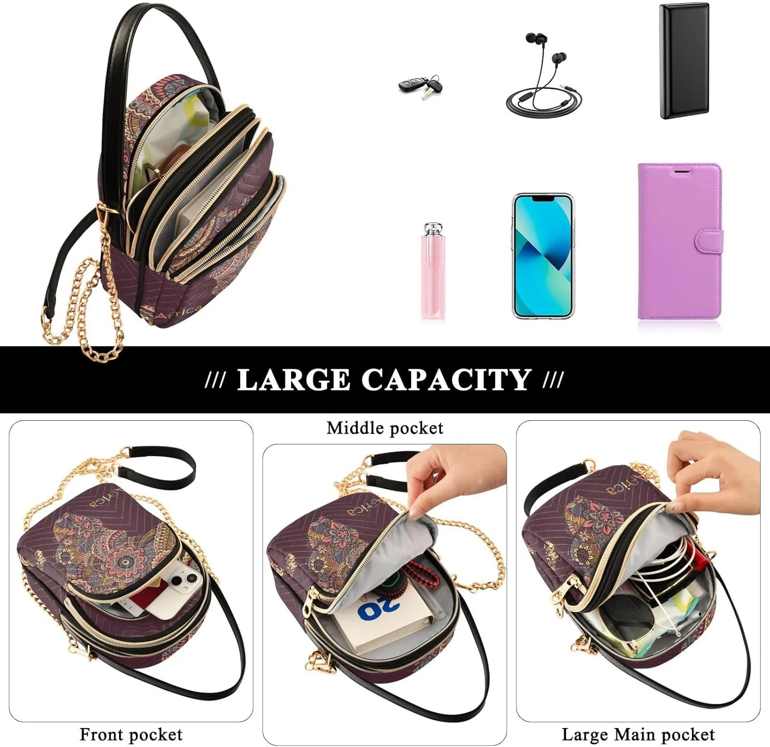 Women's Wave Cross Body Chest Bag, 52 inch Gold Chain Shoulder Handbag Purse
