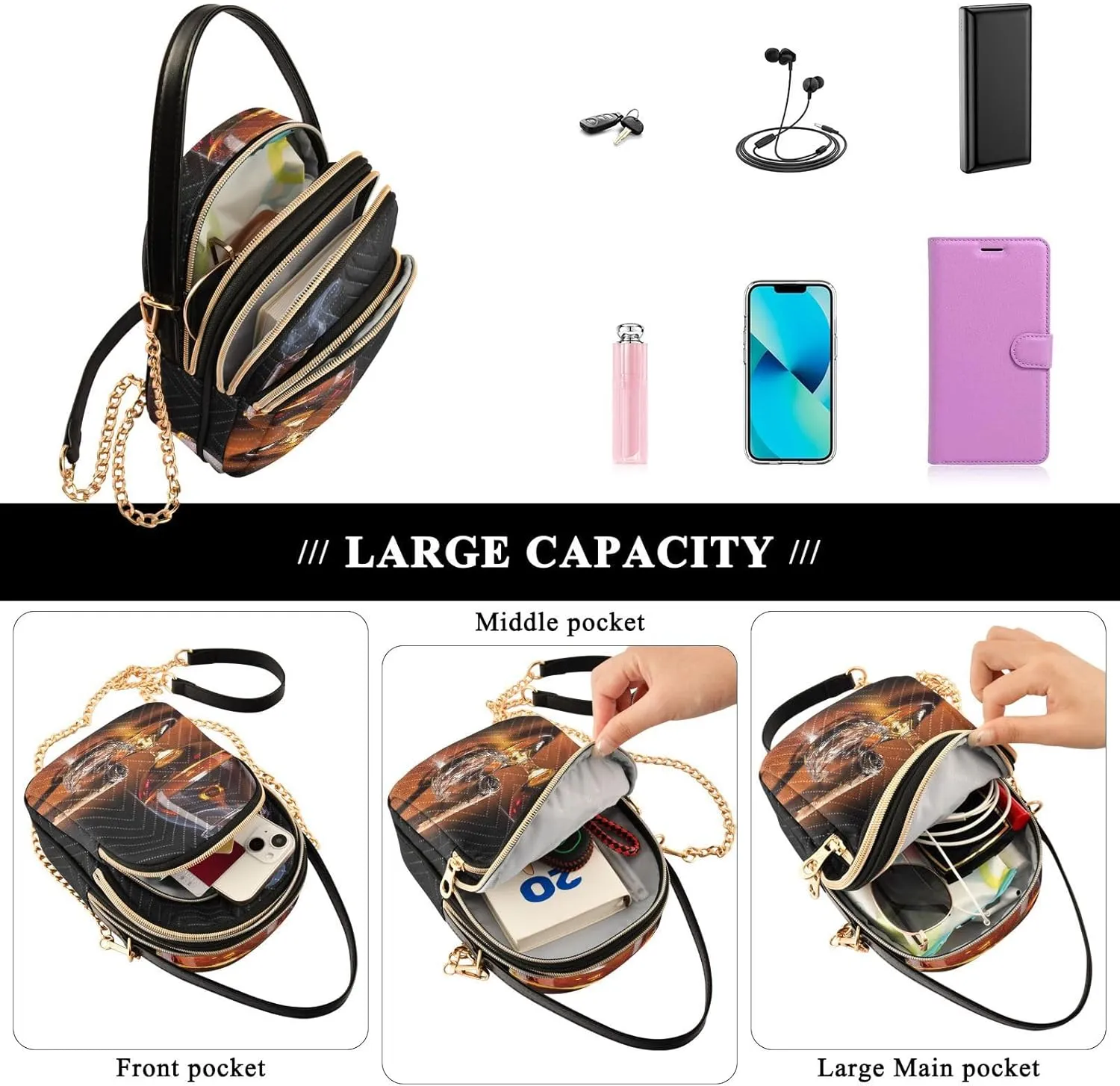 Women's Wave Cross Body Chest Bag, 52 inch Gold Chain Shoulder Handbag Purse