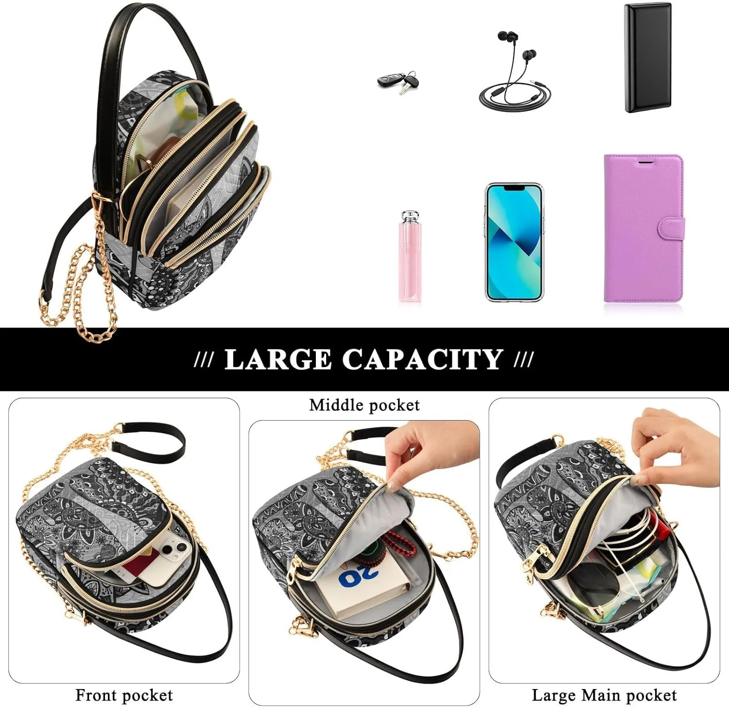Women's Wave Cross Body Chest Bag, 52 inch Gold Chain Shoulder Handbag Purse