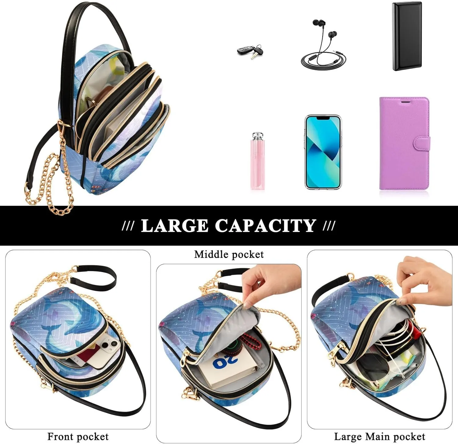 Women's Wave Cross Body Chest Bag, 52 inch Gold Chain Shoulder Handbag Purse
