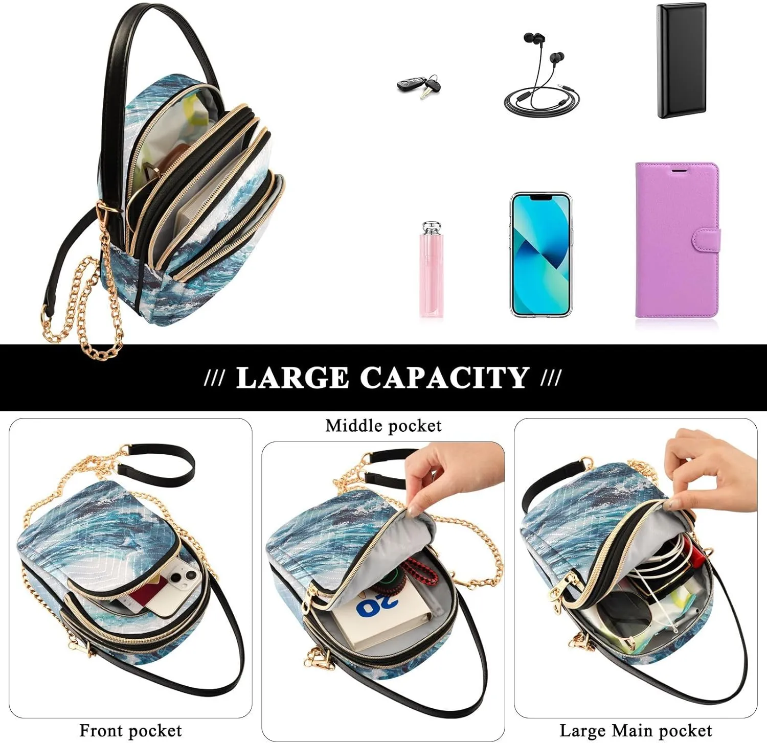 Women's Wave Cross Body Chest Bag, 52 inch Gold Chain Shoulder Handbag Purse