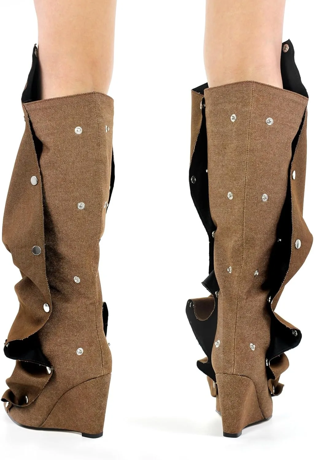 Women's Wedge Heel Knee High Slouchy Foldover Buttons Boots