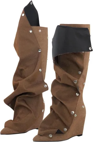 Women's Wedge Heel Knee High Slouchy Foldover Buttons Boots