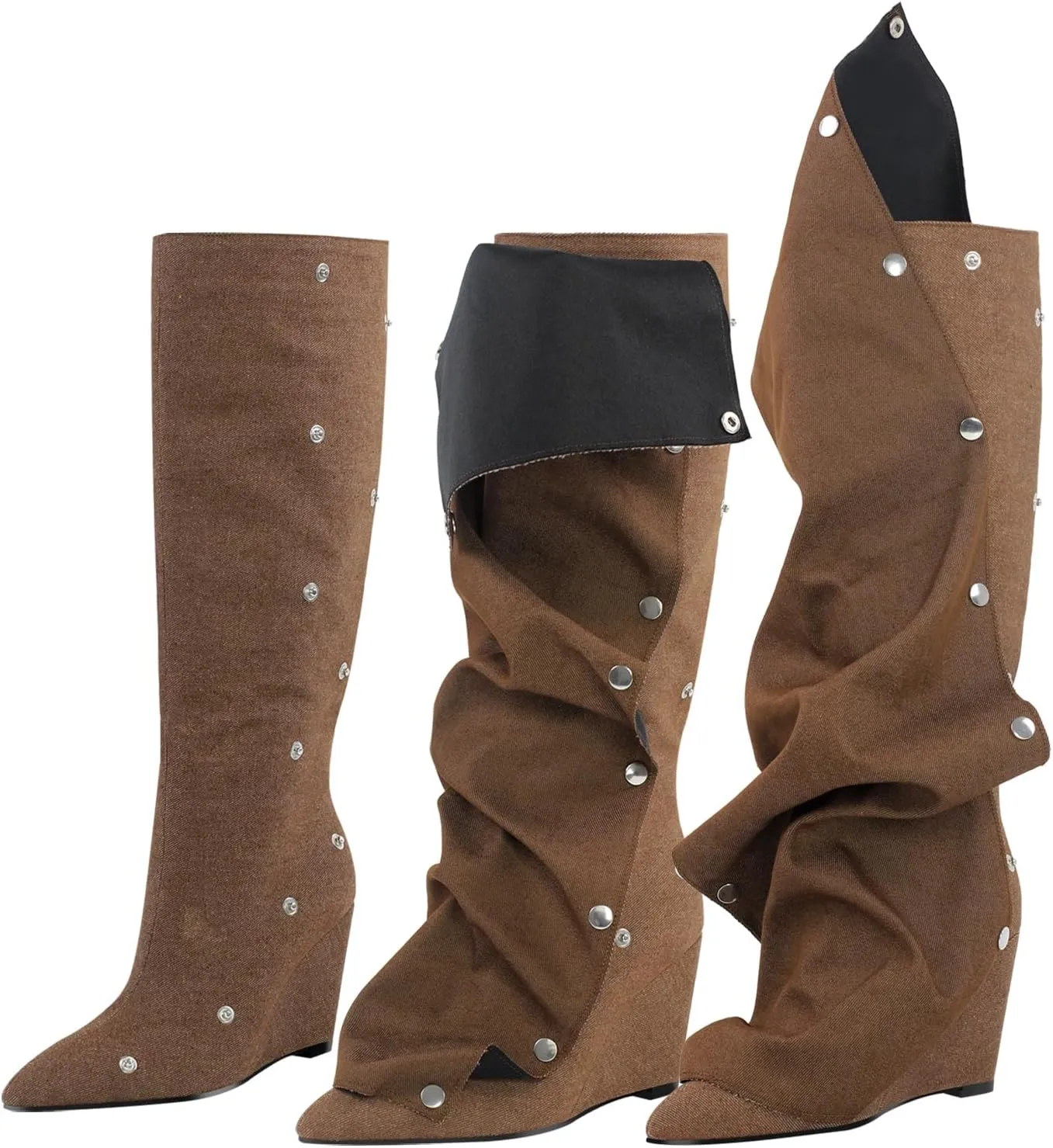 Women's Wedge Heel Knee High Slouchy Foldover Buttons Boots