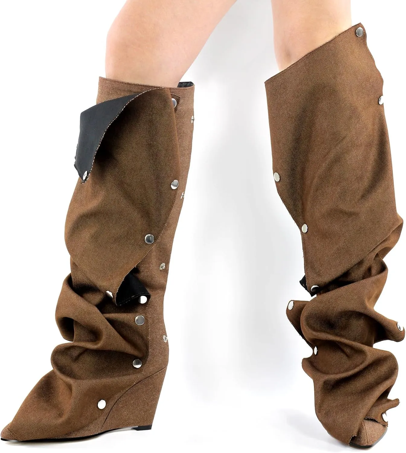 Women's Wedge Heel Knee High Slouchy Foldover Buttons Boots