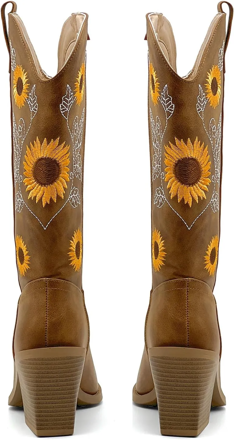 Women's Western Cowboy Boots Mid Calf Cowgirl Boots Chunky Heel Zipper Square Toe Embroidered Sunflower Fashion Boots