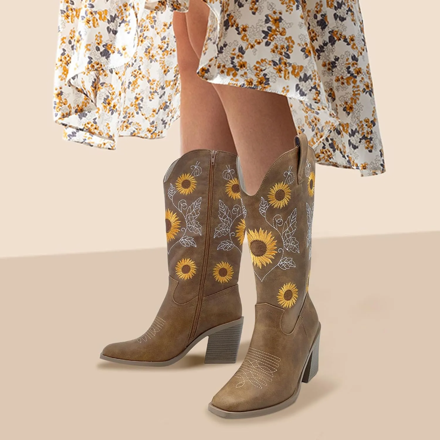 Women's Western Cowboy Boots Mid Calf Cowgirl Boots Chunky Heel Zipper Square Toe Embroidered Sunflower Fashion Boots