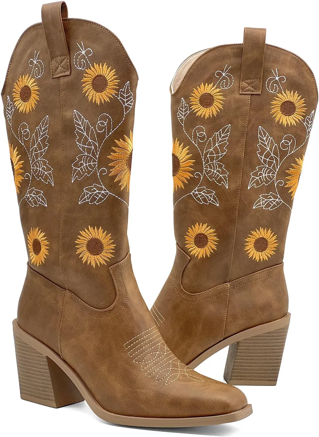 Women's Western Cowboy Boots Mid Calf Cowgirl Boots Chunky Heel Zipper Square Toe Embroidered Sunflower Fashion Boots