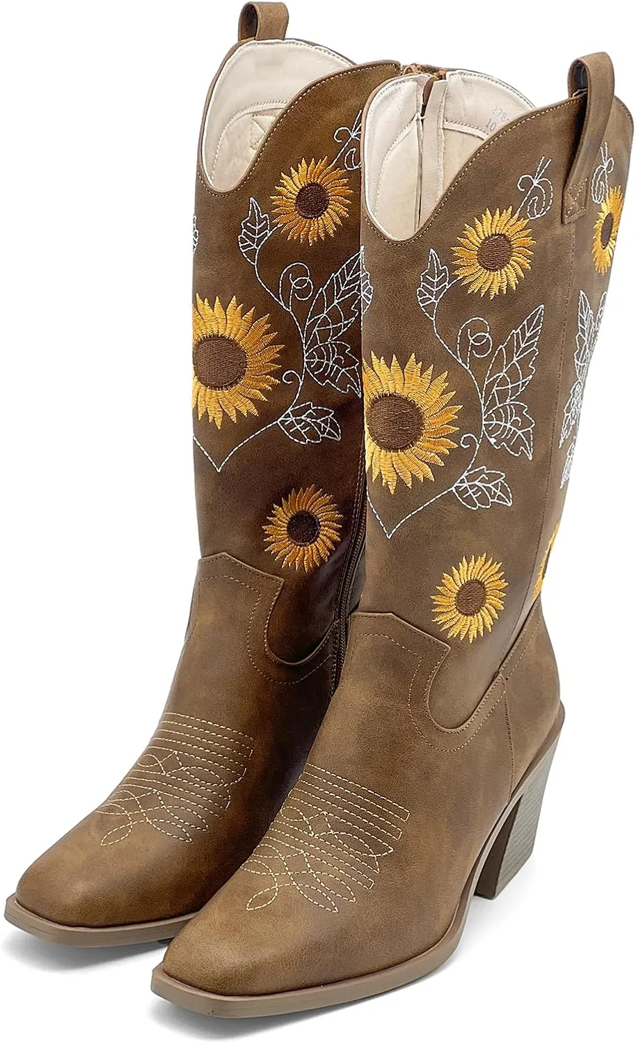Women's Western Cowboy Boots Mid Calf Cowgirl Boots Chunky Heel Zipper Square Toe Embroidered Sunflower Fashion Boots