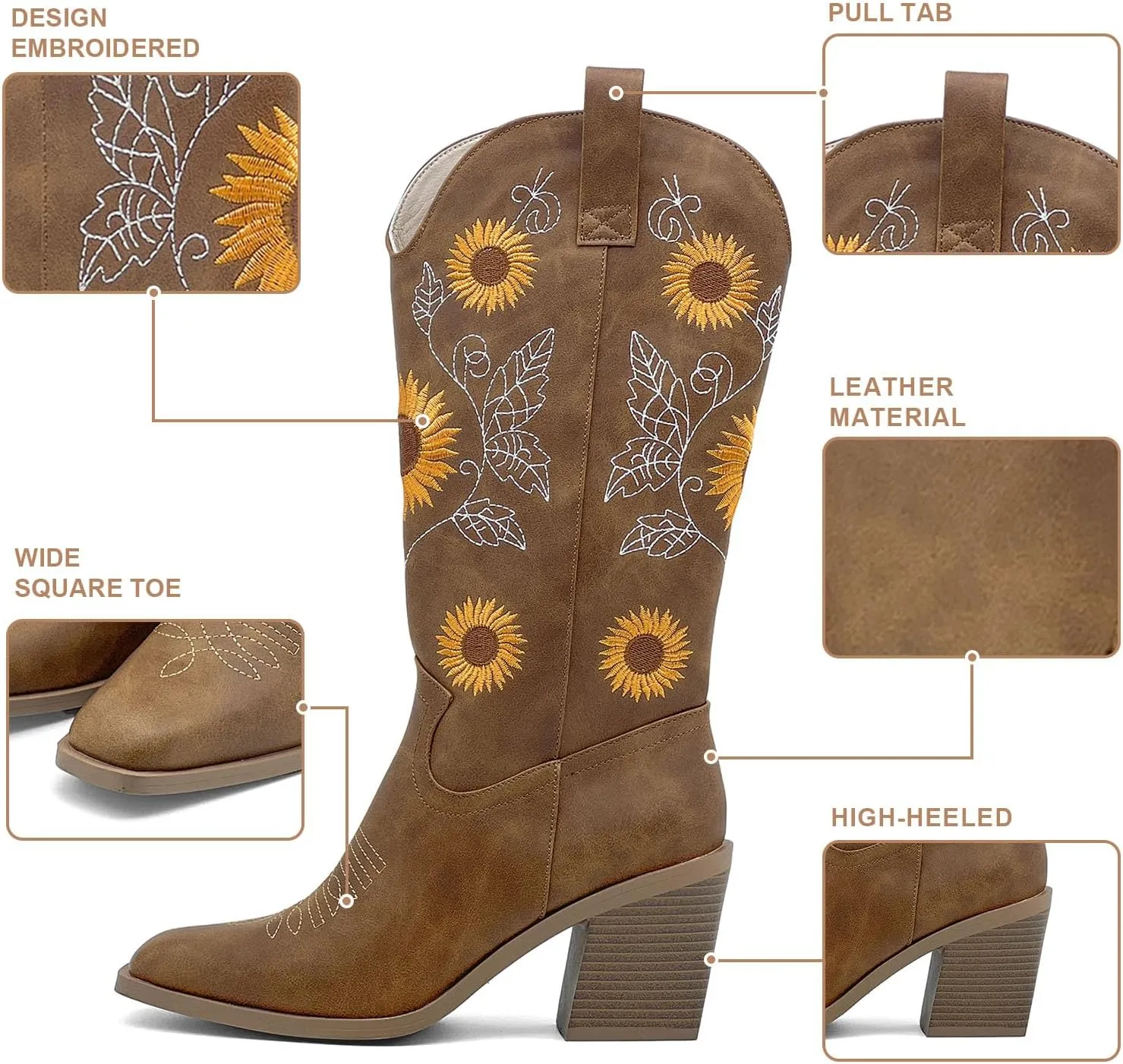 Women's Western Cowboy Boots Mid Calf Cowgirl Boots Chunky Heel Zipper Square Toe Embroidered Sunflower Fashion Boots