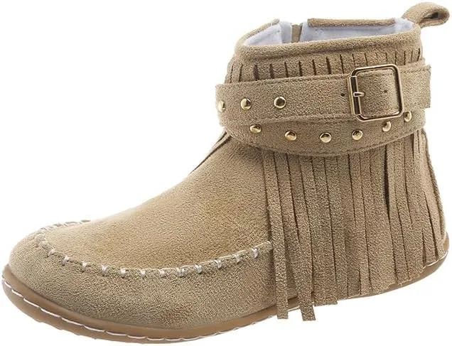 Women's Western Cowboy Boots, Tassel Faux Suede Booties Retro Comfortable Flat Round Toe Fringe Buckle Strap Ankle Boot Low Heel Slip On Short Boots Winter Snow Shoes for Ladies