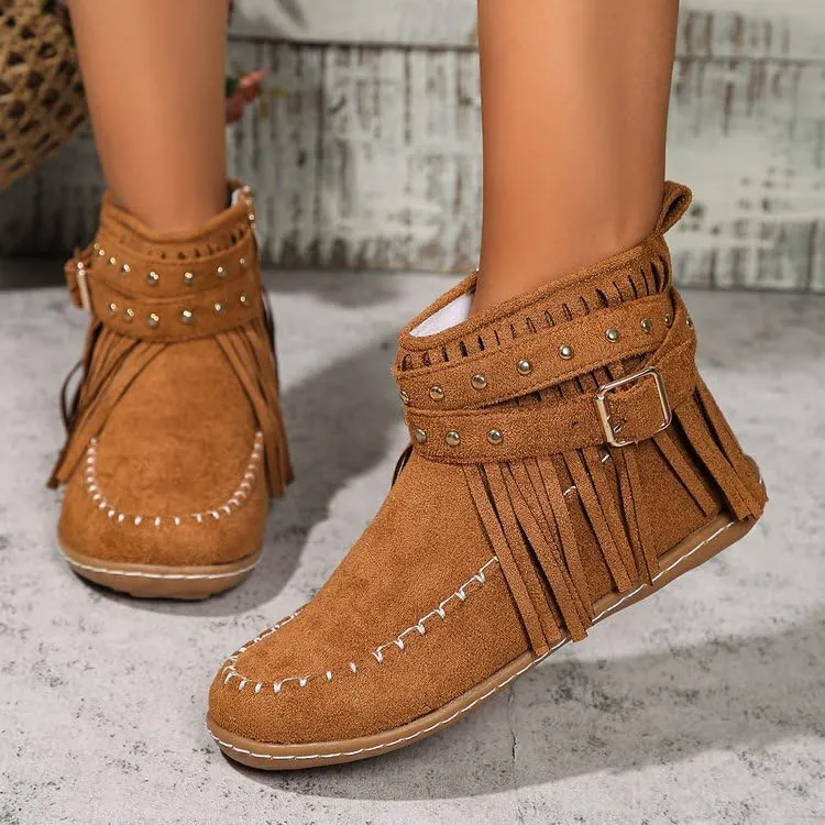 Women's Western Cowboy Boots, Tassel Faux Suede Booties Retro Comfortable Flat Round Toe Fringe Buckle Strap Ankle Boot Low Heel Slip On Short Boots Winter Snow Shoes for Ladies