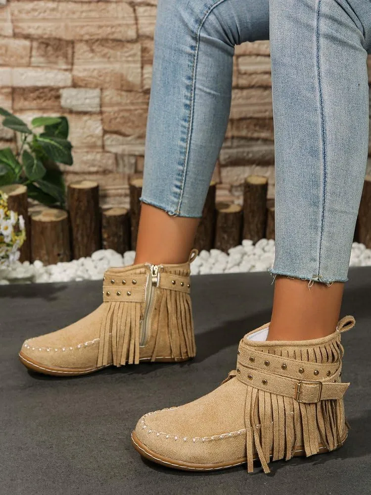 Women's Western Cowboy Boots, Tassel Faux Suede Booties Retro Comfortable Flat Round Toe Fringe Buckle Strap Ankle Boot Low Heel Slip On Short Boots Winter Snow Shoes for Ladies