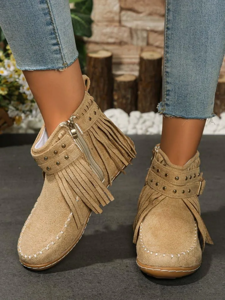 Women's Western Cowboy Boots, Tassel Faux Suede Booties Retro Comfortable Flat Round Toe Fringe Buckle Strap Ankle Boot Low Heel Slip On Short Boots Winter Snow Shoes for Ladies