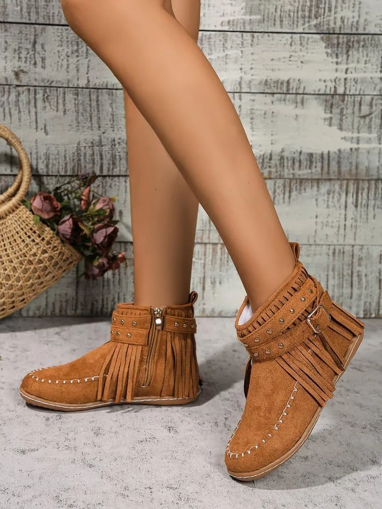 Women's Western Cowboy Boots, Tassel Faux Suede Booties Retro Comfortable Flat Round Toe Fringe Buckle Strap Ankle Boot Low Heel Slip On Short Boots Winter Snow Shoes for Ladies