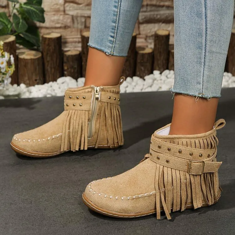 Women's Western Cowboy Boots, Tassel Faux Suede Booties Retro Comfortable Flat Round Toe Fringe Buckle Strap Ankle Boot Low Heel Slip On Short Boots Winter Snow Shoes for Ladies