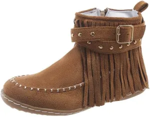 Women's Western Cowboy Boots, Tassel Faux Suede Booties Retro Comfortable Flat Round Toe Fringe Buckle Strap Ankle Boot Low Heel Slip On Short Boots Winter Snow Shoes for Ladies