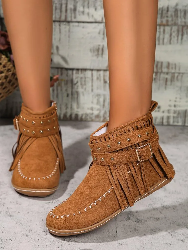Women's Western Cowboy Boots, Tassel Faux Suede Booties Retro Comfortable Flat Round Toe Fringe Buckle Strap Ankle Boot Low Heel Slip On Short Boots Winter Snow Shoes for Ladies