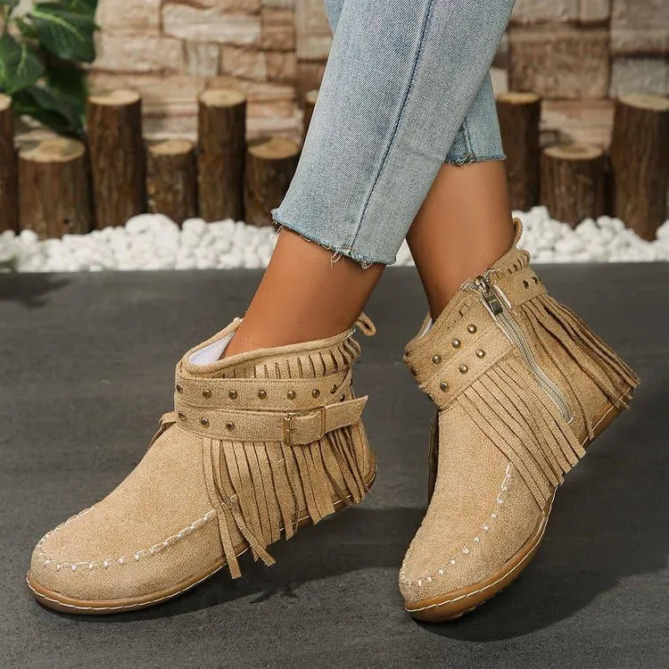 Women's Western Cowboy Boots, Tassel Faux Suede Booties Retro Comfortable Flat Round Toe Fringe Buckle Strap Ankle Boot Low Heel Slip On Short Boots Winter Snow Shoes for Ladies