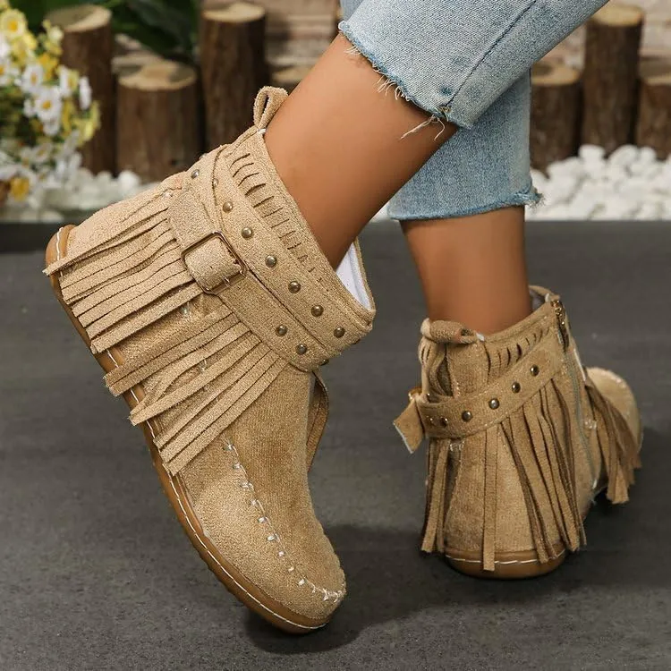 Women's Western Cowboy Boots, Tassel Faux Suede Booties Retro Comfortable Flat Round Toe Fringe Buckle Strap Ankle Boot Low Heel Slip On Short Boots Winter Snow Shoes for Ladies