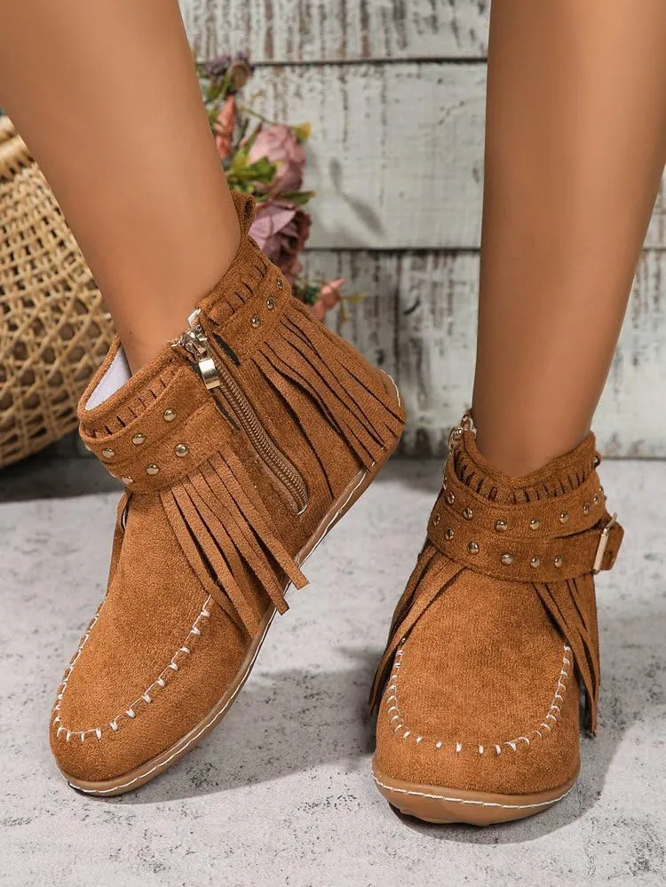Women's Western Cowboy Boots, Tassel Faux Suede Booties Retro Comfortable Flat Round Toe Fringe Buckle Strap Ankle Boot Low Heel Slip On Short Boots Winter Snow Shoes for Ladies