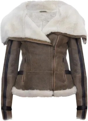 Women's Whiskey Tan Merino Sheepskin Aviator Pilot Biker Leather Jacket