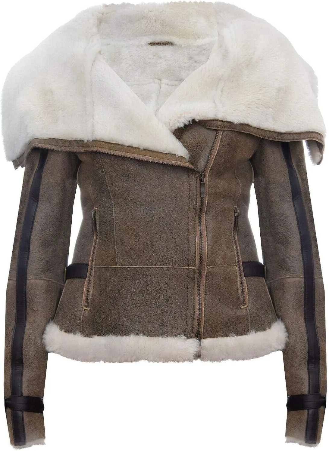 Women's Whiskey Tan Merino Sheepskin Aviator Pilot Biker Leather Jacket