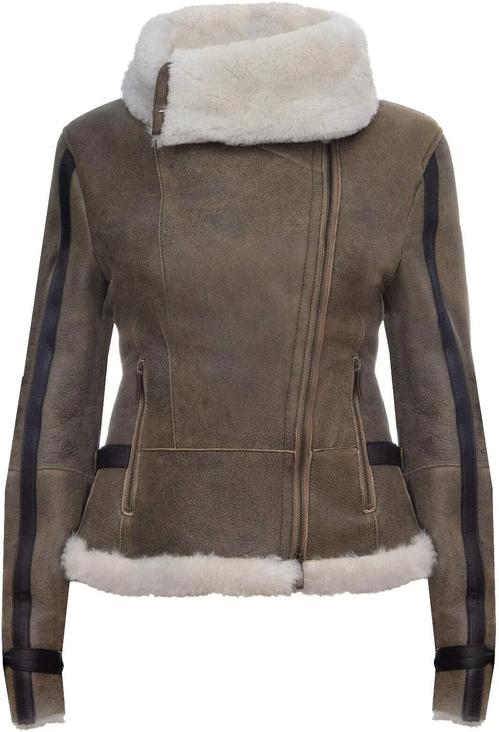 Women's Whiskey Tan Merino Sheepskin Aviator Pilot Biker Leather Jacket
