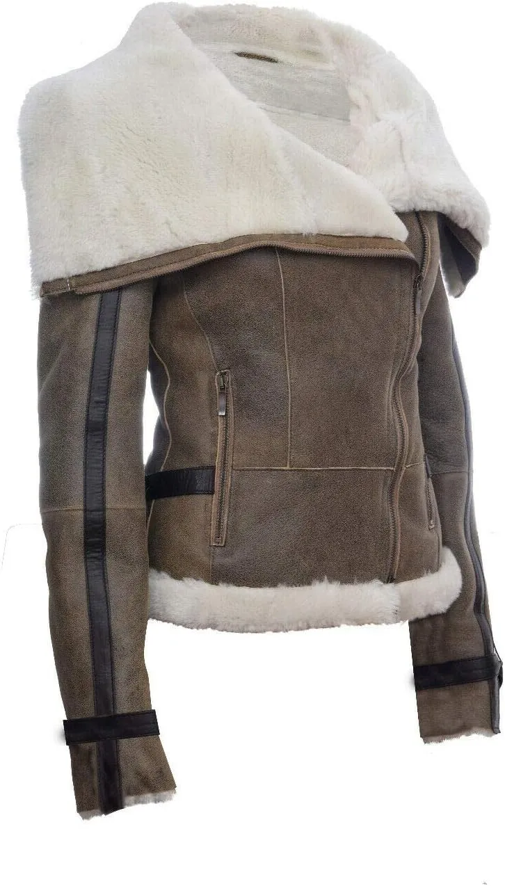 Women's Whiskey Tan Merino Sheepskin Aviator Pilot Biker Leather Jacket