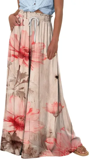 Womens Wide Leg Pants Women's Casual Trendy Loose Fit Elastic High Waist Wide Leg Trousers Flowy Long Pants