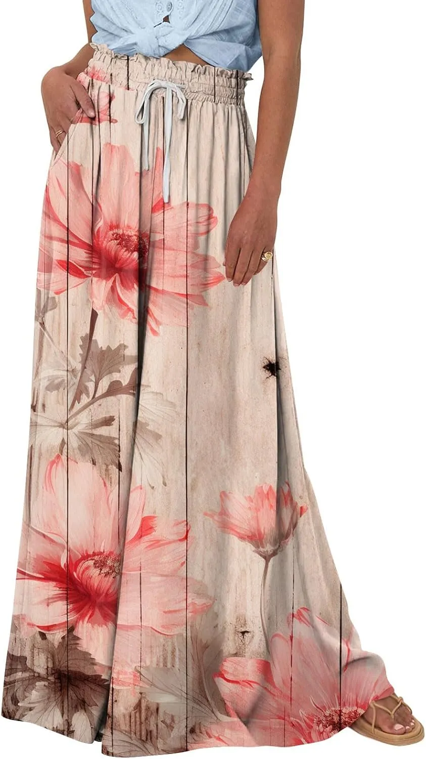 Womens Wide Leg Pants Women's Casual Trendy Loose Fit Elastic High Waist Wide Leg Trousers Flowy Long Pants