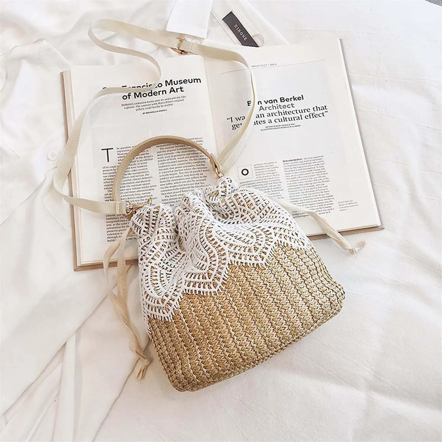 Women's woven handbag, handmade beach shoulder bag, wallet, floral lace handbag