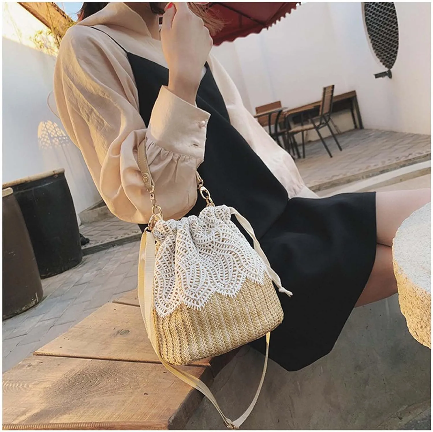 Women's woven handbag, handmade beach shoulder bag, wallet, floral lace handbag