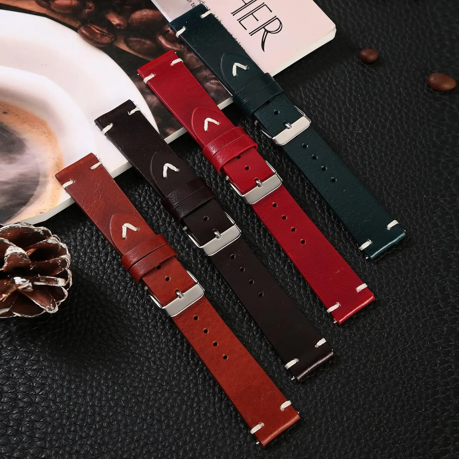 WOUKUP Vintage Leather Watch Band Quick Release Replacement Genuine Watch Strap 18mm 19mm 20mm 22mm for Men and Women