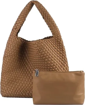 Woven Tote Bag with purse for Women Hobo Vegan Leather,Large Handmade Beach Handbag,Shoulder Underarm Bag