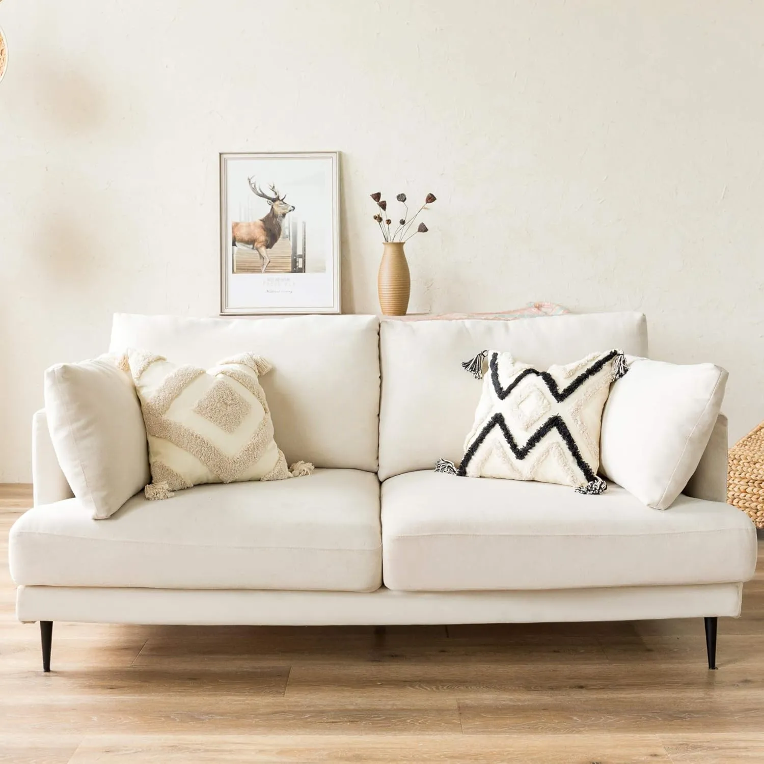 Woven Tufted Boho Throw Pillow Cover, Modern Decorative Geometric Diamond Chevron Square Cushion with Tassels, Farmhouse Tribal Pillowcases for Couch Sofa Bedroom Living Room, 18 x 18 Inches, Ivory